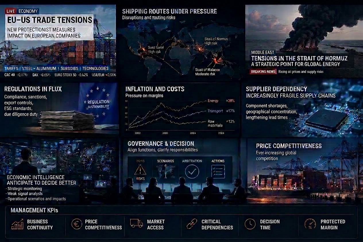 Visual collage illustrating trade tensions, maritime routes under pressure, regulations, supplier dependencies, costs and management KPIs for SMEs and mid-market companies.