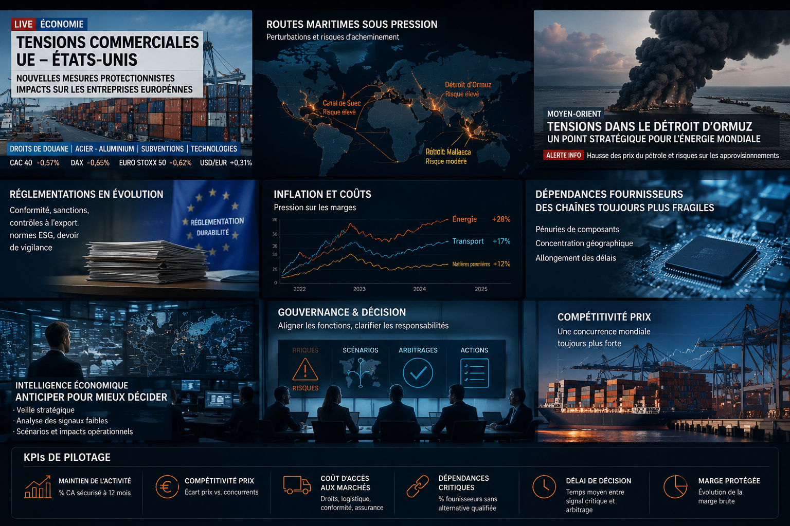 Collage visuel d'actualité illustrant les tensions commerciales, les routes maritimes sous pression, les réglementations, les dépendances fournisseurs, les coûts et les KPIs de pilotage pour PME et ETI.