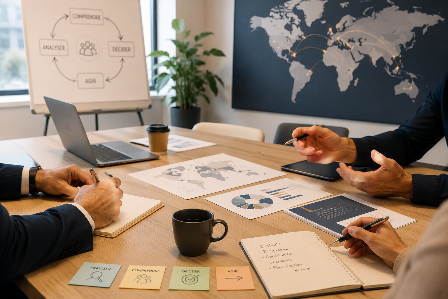 Illustration lumineuse d'un atelier de formation professionnelle avec outils de méthode, carte du monde, documents d'analyse et travail collectif autour d'une table.