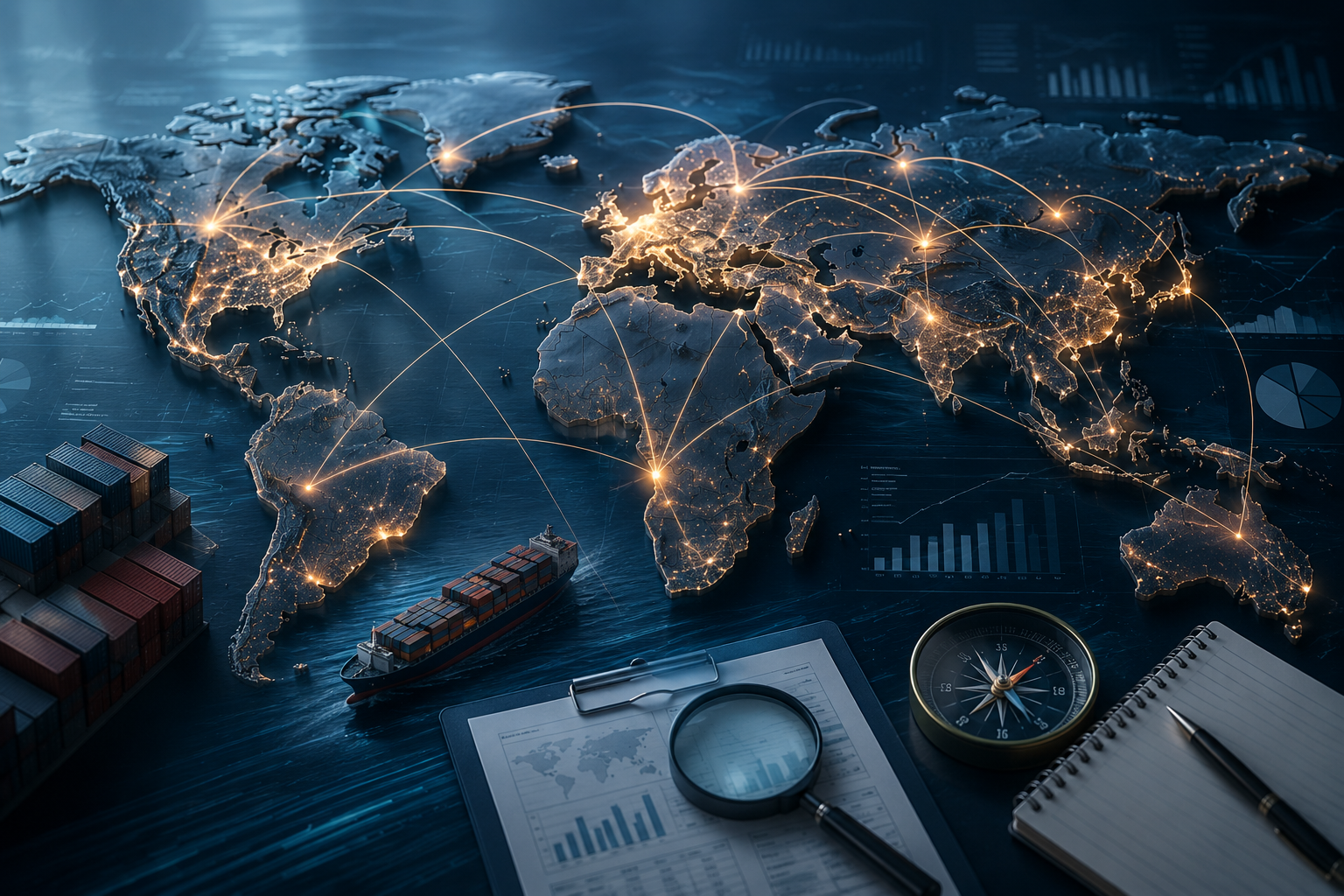 Illustration sobre d'un espace de travail stratégique avec carte mondiale connectée, analyse marché, qualification partenaires et plan de développement international.