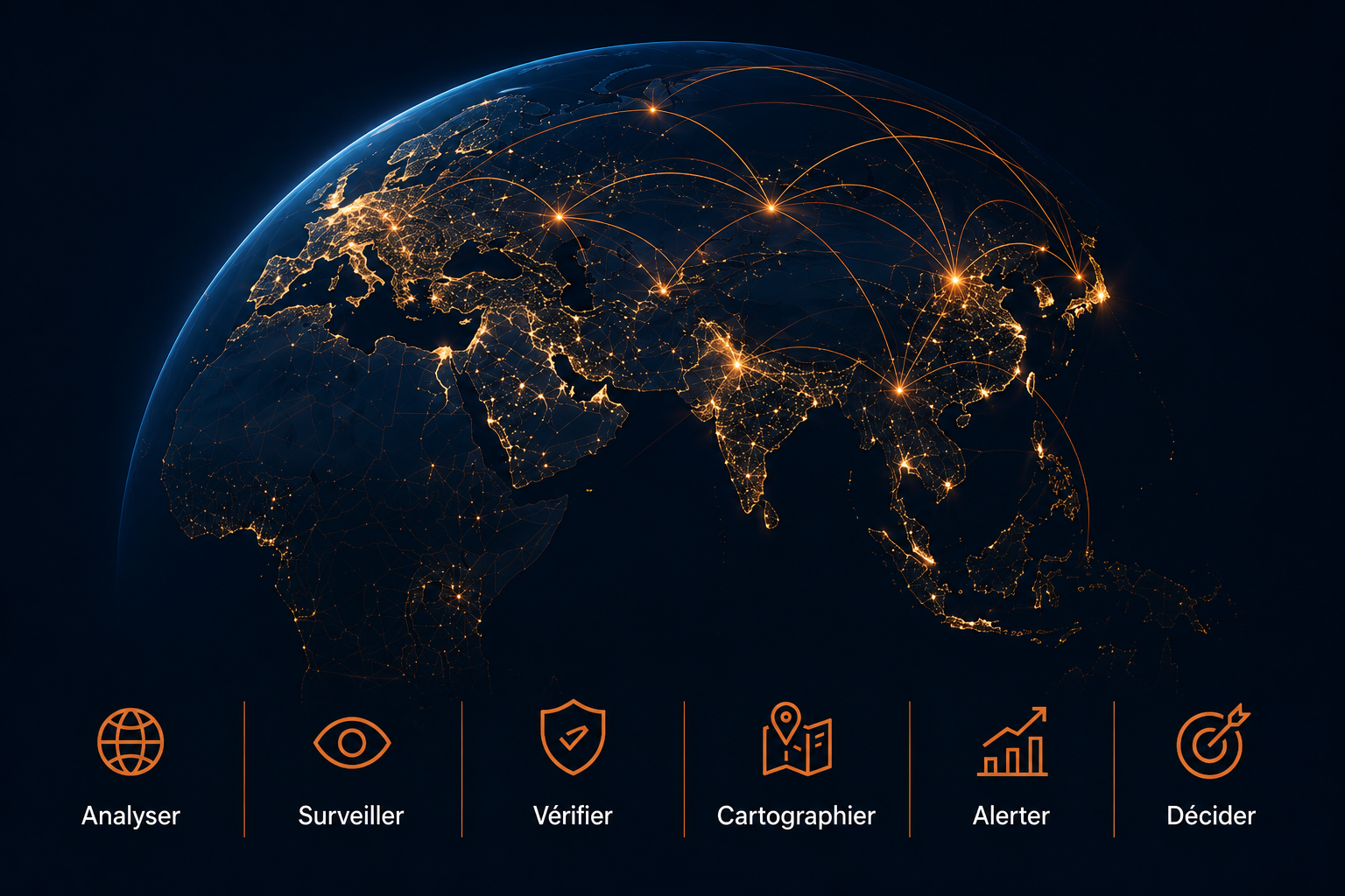 Illustration d'un globe connecté représentant l'analyse, la veille, la due diligence, la cartographie, l'alerte et la décision dans les opérations internationales.