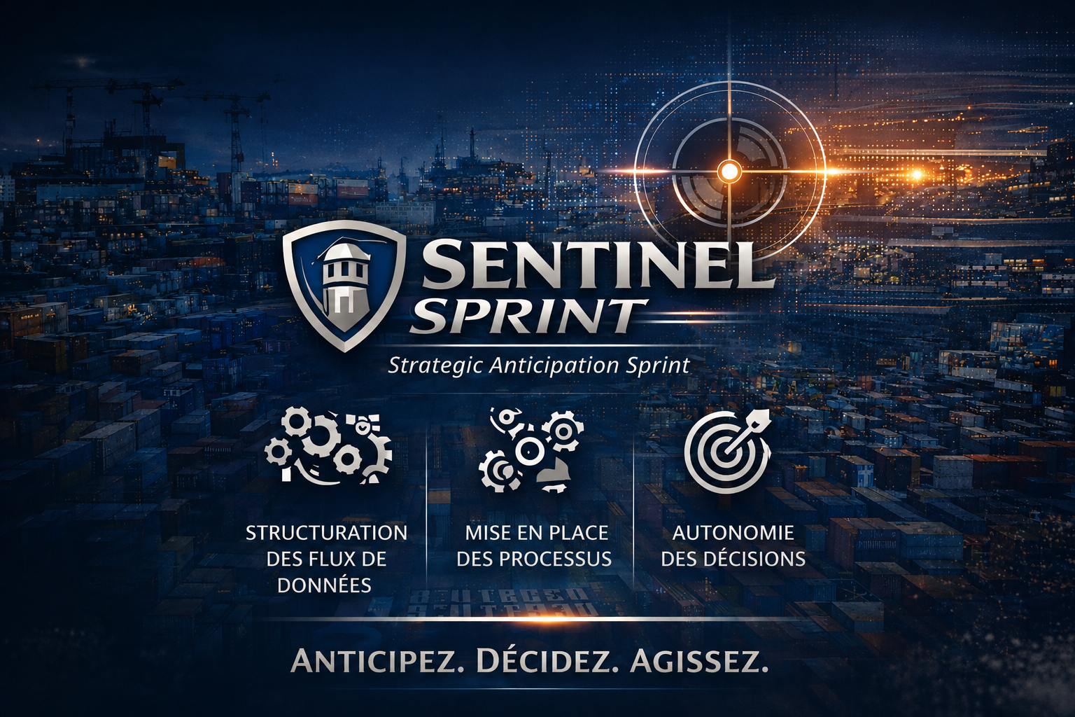 Illustration Sentinel Sprint avec le nouveau logo FGP, montrant un dispositif d'anticipation stratégique reliant structuration des flux de données, mise en place des processus, sécurisation des opérations et autonomie des décisions.